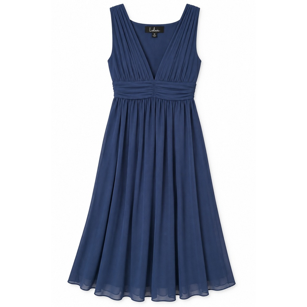 Lulus Navy Blue Chiffon Maxi Dress V-Neck Pleated Empire Waist Formal Gown M